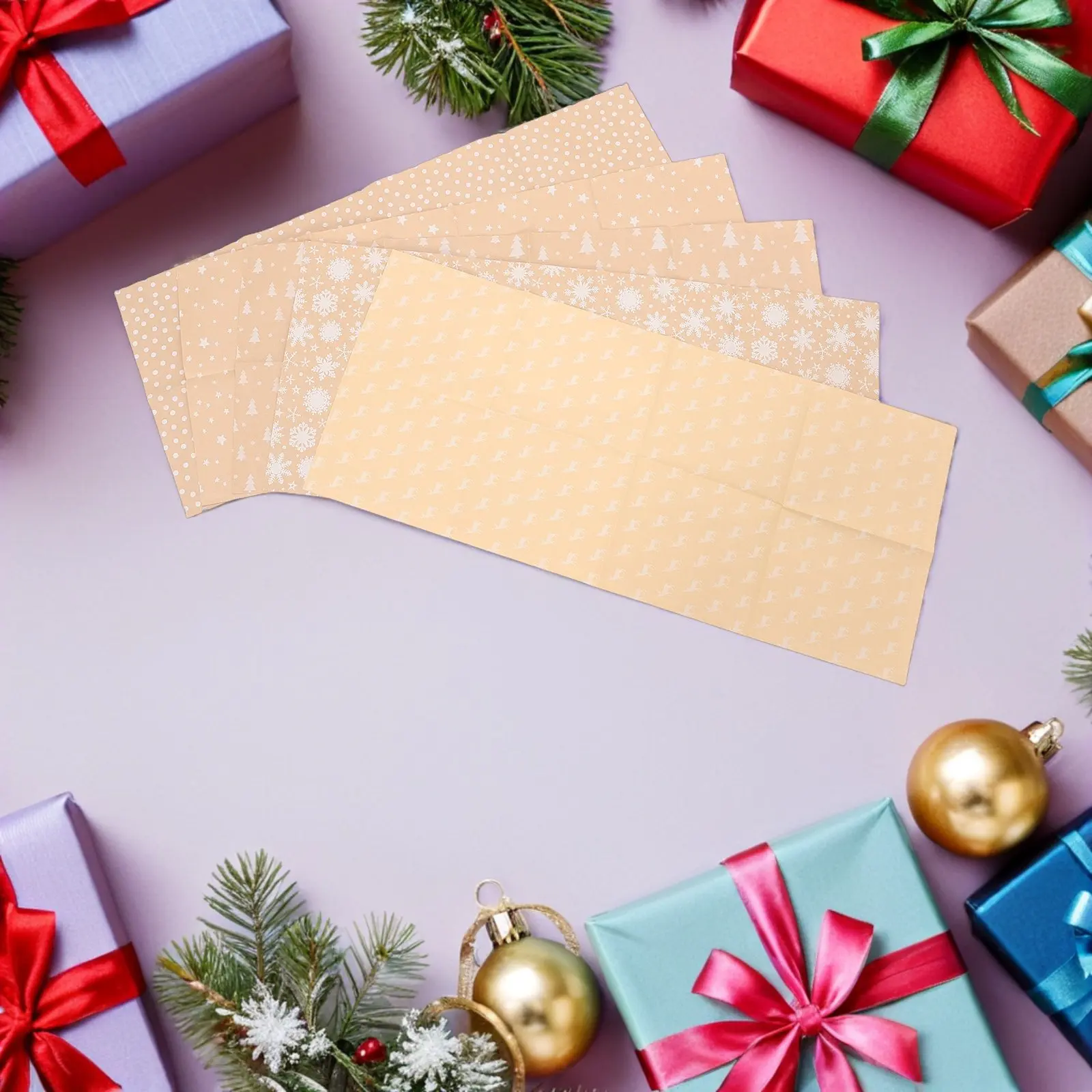 5Pcs 크리스마스 포장지 롤 크래프트 브라운 선물 포장 축제 눈송이 패턴 휴일 파티 장식 꽃 꽃다발