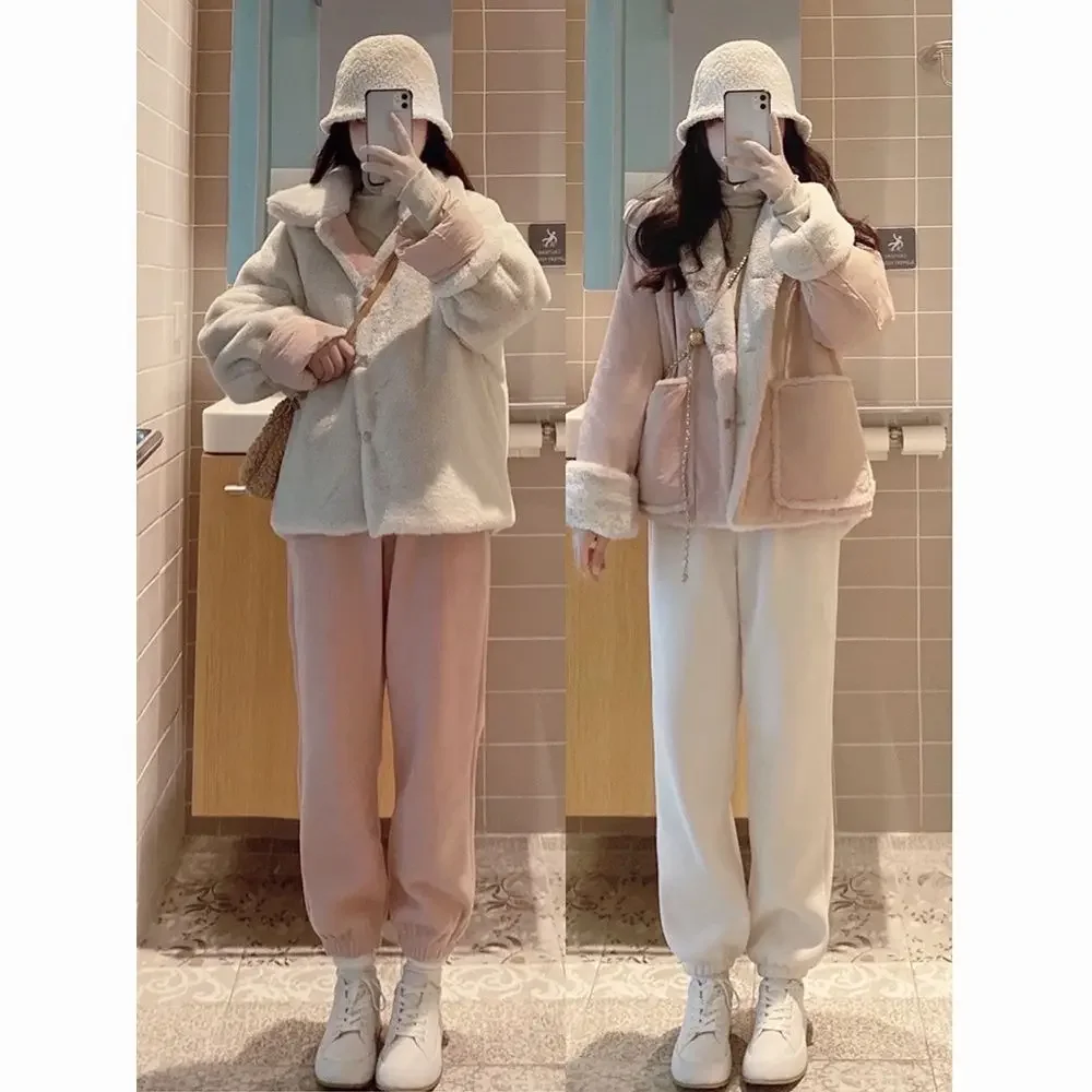 Lamb velvet cotton coat for women 2023 new winter Korean version loose plus velvet thickened double-sided cotton coat for women