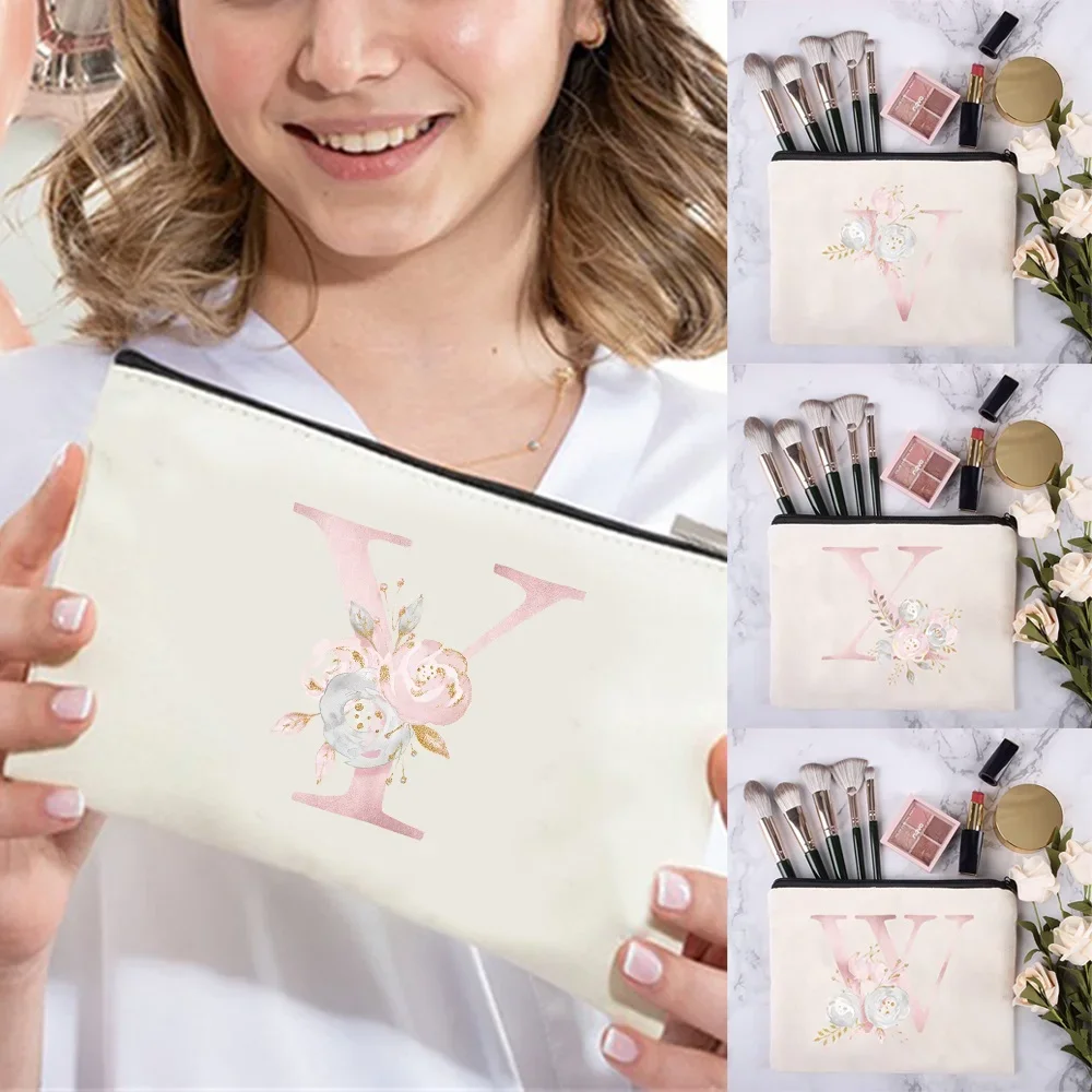 

Makeup Organizer Bags Canvas Cosmetic Case Pouch Gifts Bridesmaid Clutch Pink Flower Pattern Series Portable Storage Handbags
