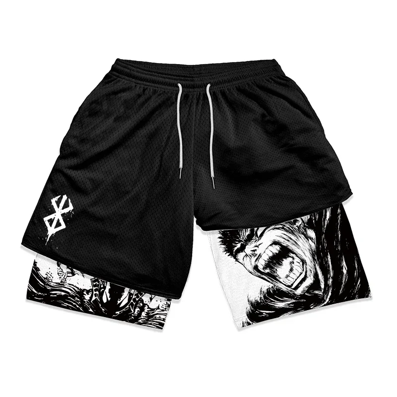2 in 1 Running Shorts Berserk Print Gym Workout Fitness Athletic Shorts with Pockets Summer Activewear Quick Dry Trainning Short