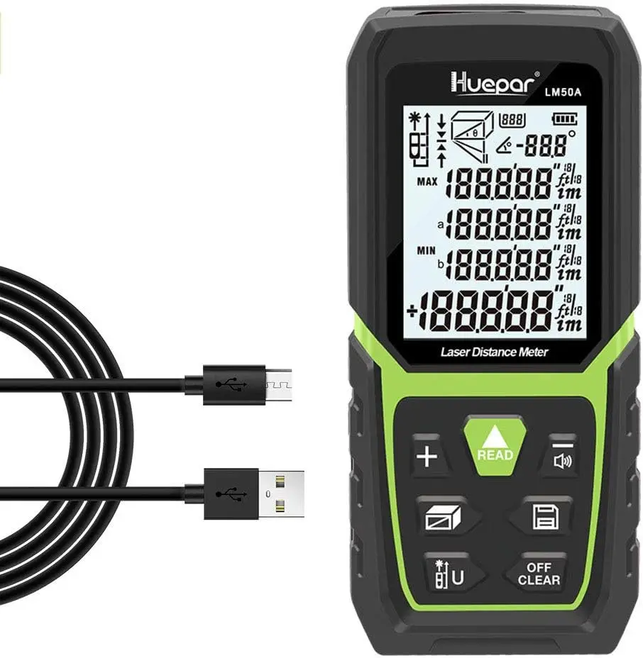 Huepar LM-Series Laser Rangefinder 50M/100M/120M Backlit LCD Laser Measure M/In/Ft Electric Angle Sensor With Li-ion Battery laser rangefinder distance meter