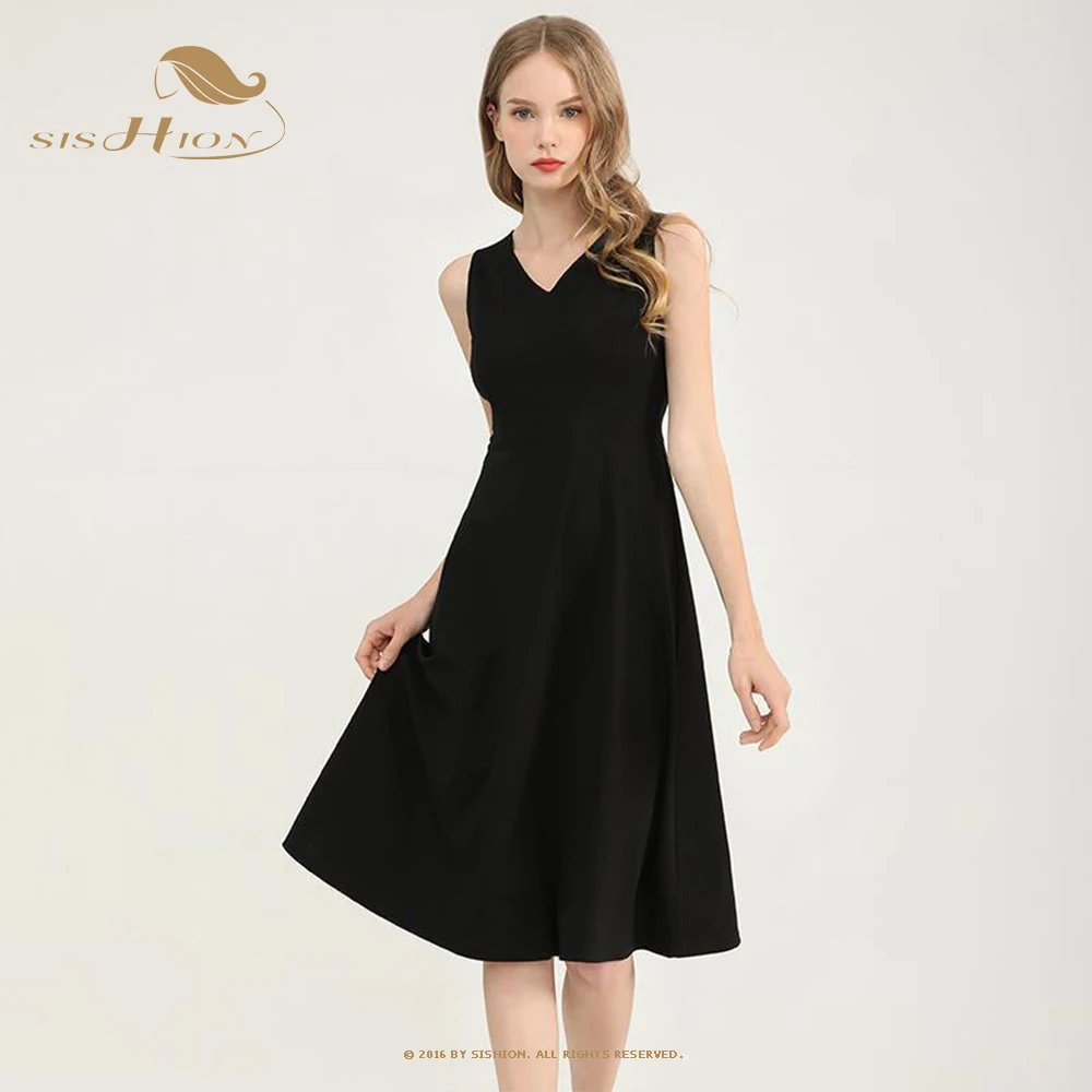

SISHION Elegant Black V Neck Sleeveless Casual A Line Dress 2023 Summer Vintage OL Party Dinner Midi Swing Dress Vestidos SR0086