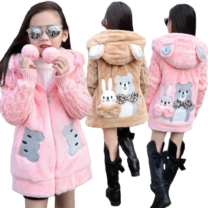 Thick Keep Warm Winter Jacket For Girls Big Size Bear Hooded Sweater Sleeve Plush Kids Outerwear Teenager Long Windbreaker Coat |