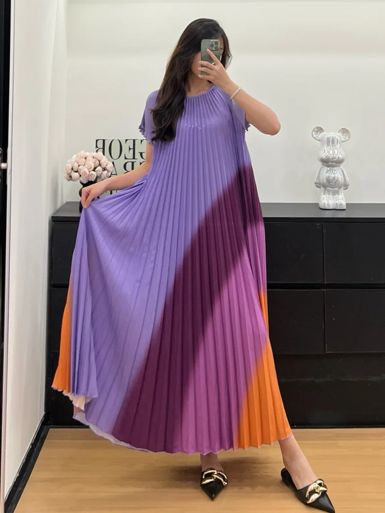 LANMREM Colorblock Spliced Pleated Women's Dress 2025 New High-End Design Elegant Temperament Short Sleeve Dresses Chic 2DB3574 - Image 2