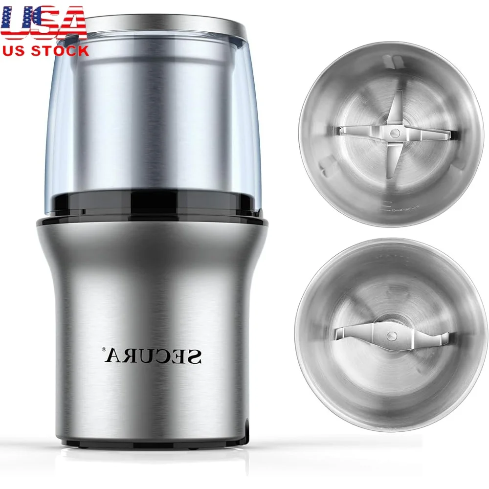 Electric Coffee and Spice Grinder with Stainless Steel Blades Removable Bowls Overheat Protection Easy Press Operation Precision