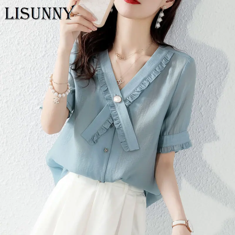 

Fashion Woman Blouses Sweet Pretty 2023 Solid Short Sleeve Shirt Tops Woman Blouse Shirts V Neck Women Blouses Puff Sleeve