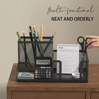 Deli Metal Mesh Square Pen Holder Multi-functional Three Grid Desktop Storage Box Simple Office Supplies for Business 6