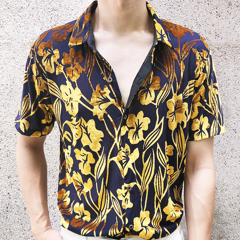 

Летняя бархатная рубашка, гавайская Мужская рубашка, рубашка с цветочным принтом, Высококачественная уличная одежда, бархатная рубашка с коротким рукавом, мужская рубашка