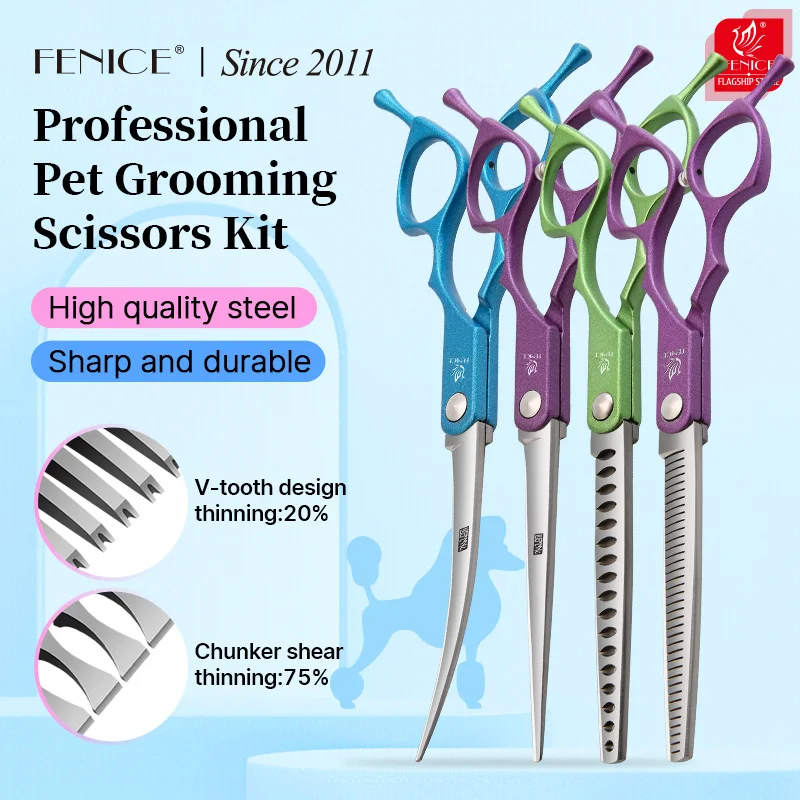 Dog Grooming Scissors Kit 6.5 inch Professional Pet Grooming Cutting Curved Thinning Chunker Scissors Shears Set For Groomer Household Use