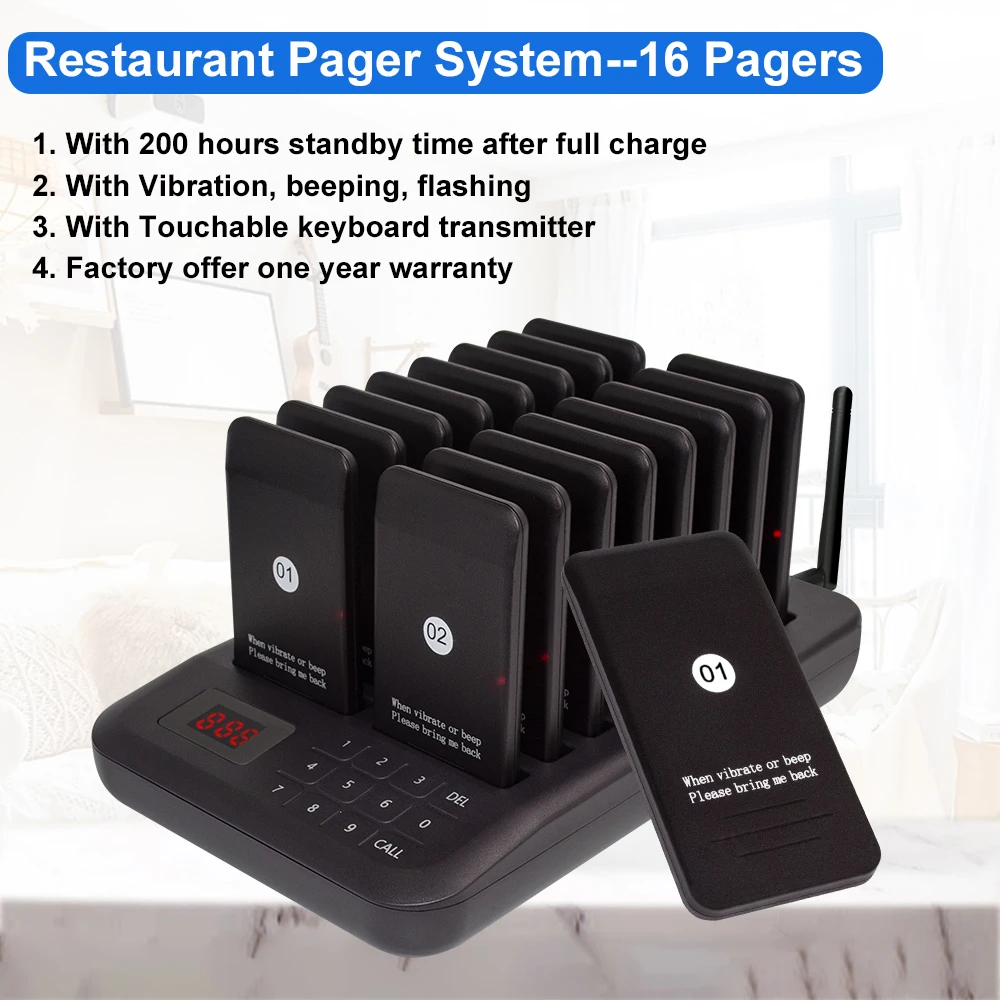 16 Pagers 1 Keyboard Transmitter Pager System Call Waiter Restaurant Wireless Calling Buzzer for food Truck wireless calling system