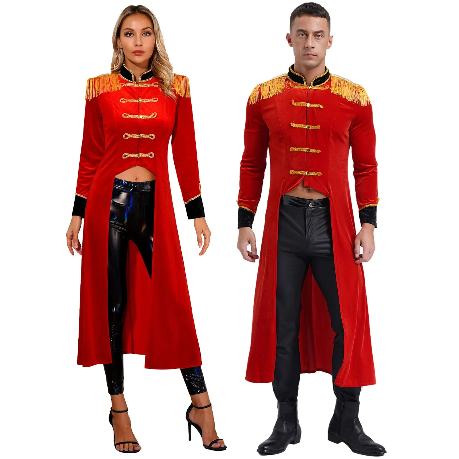 

Mens Women Ringmaster Jacket Costume Circus Cosplay Performance Velvet Trench Tailcoat Fringe Boards Renaissance Gothic Clothes