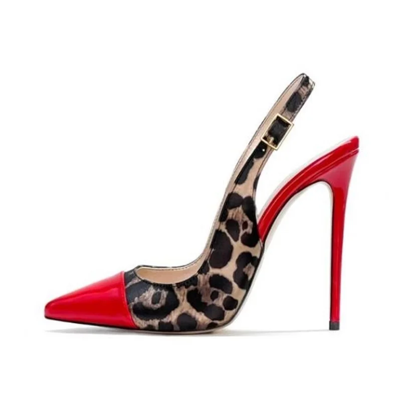 

Sexy Leopard Satin Cloth 12cm High Heel Shoes Red Pink Green Leather Pointed Toe Slingback Shoes Hollow Giadiator Dress Shoes