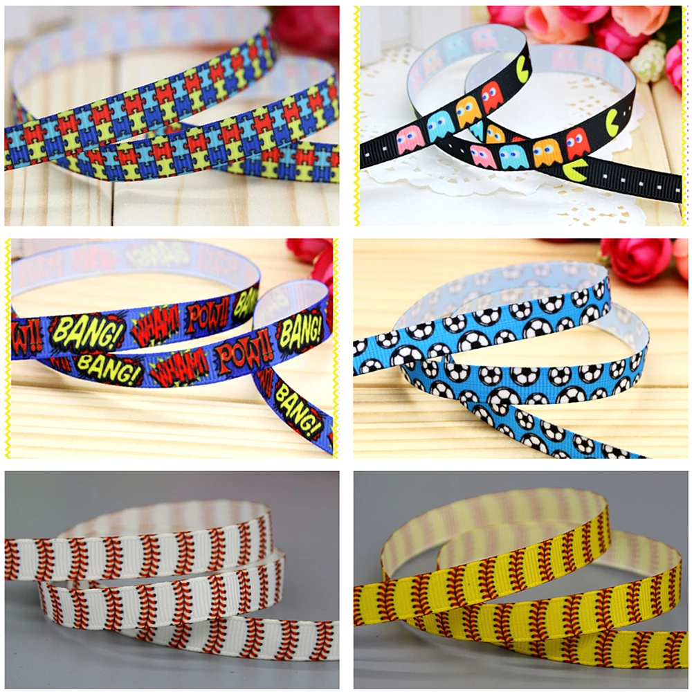 DHK 3/8'' 5yards Autism Game Hero Football Ball Printed Grosgrain Ribbon Hair Bow Diy Party Decoration 9mm C1333