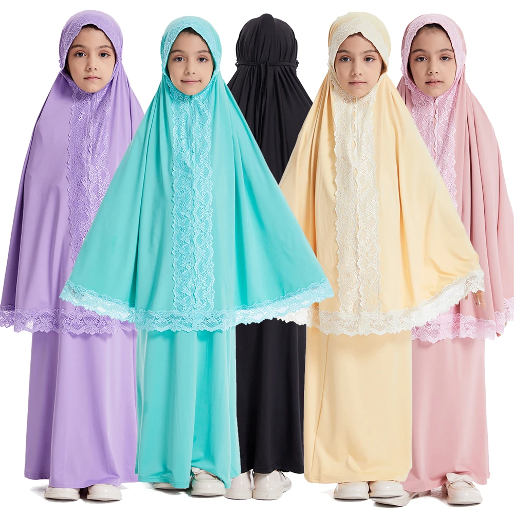 

2PCS Full Cover Girls Kids Hijab Dress Lace Khimar Skirt Muslim Children Clothing Eid Ramadan Burqa Abaya Kaftan Robe Prayer Set