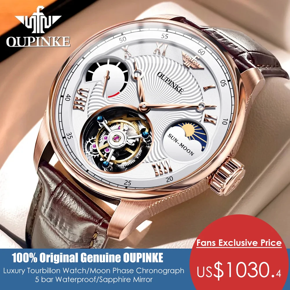 

Top Swiss Brand OUPINKE New Tourbillon Watch for Men Chronograph Moon Phase Waterproof Men's Automatic Mechanical Wristwatches