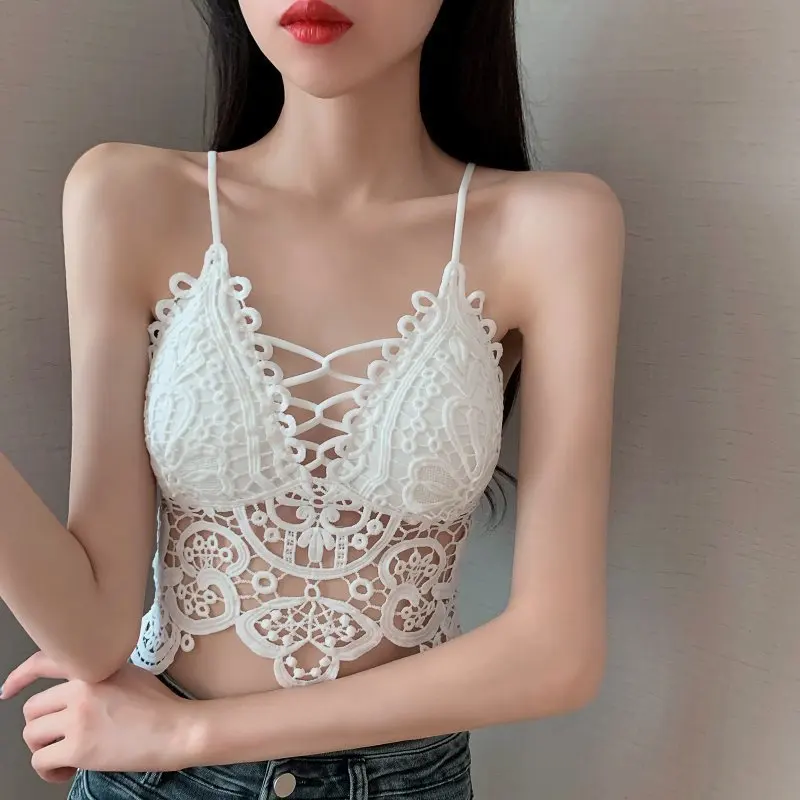

Sexy Crop Tops Lace Flower Halter Tank Top Women Summer Camis Hollow Out Backless Camisole Casual Tube Female Sleeveless Vest