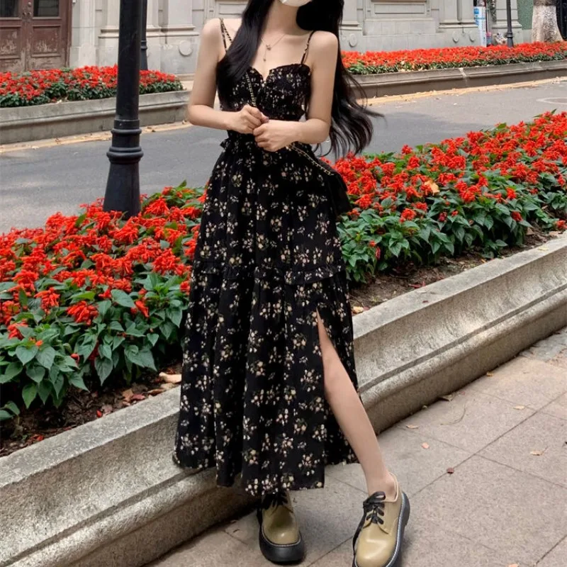 

Retro Floral Women's 2024 New Pullover Suspender Fashionable and Casual Versatile Slim Waist and Slim Slit Sleeveless Dress