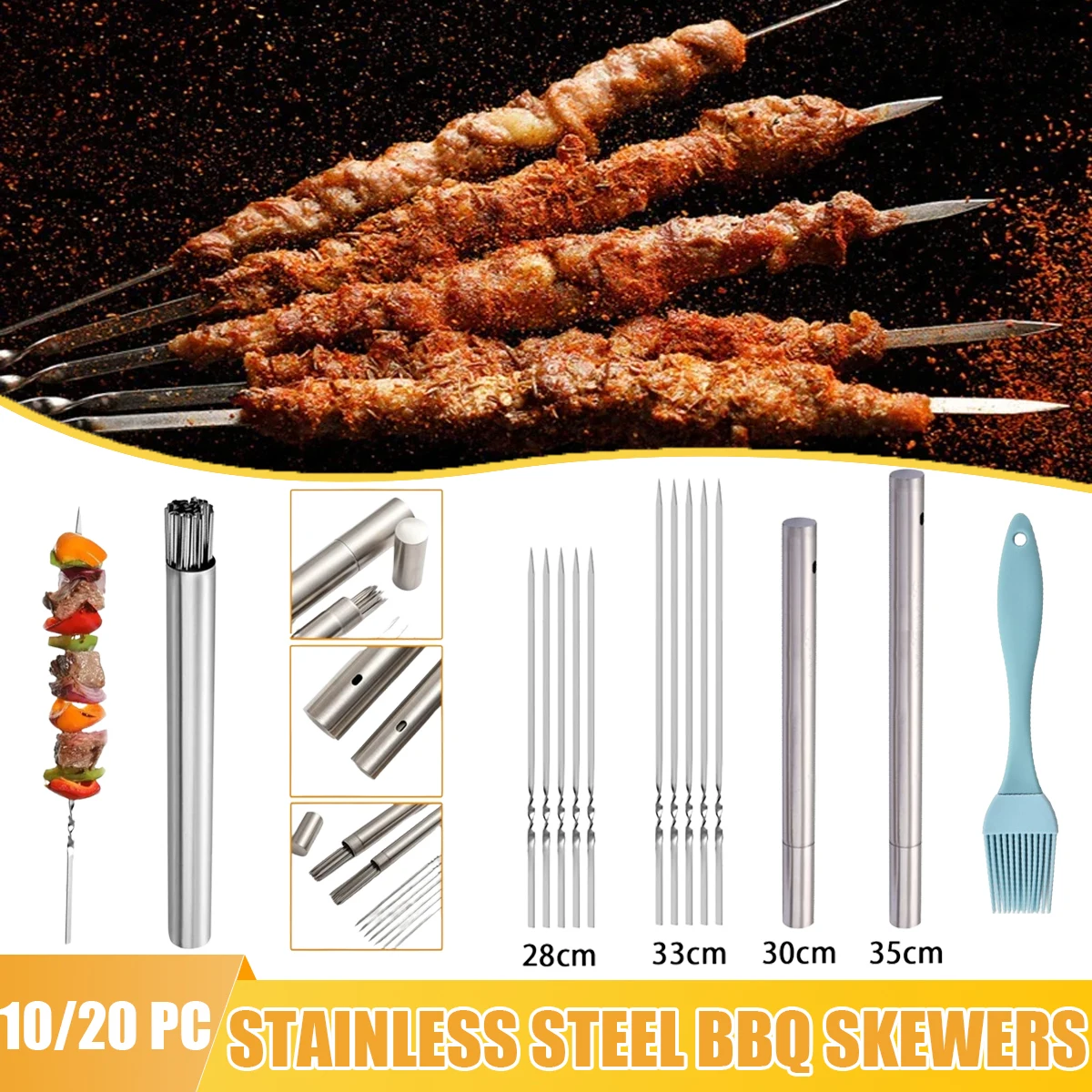 Stainless Steel BBQ Skewers 10/15Pcs with Oil Brush Reusable for Outdoor Camping Picnic Tools Cooking Tools