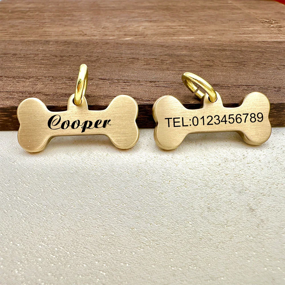 Dog Bone Personalized ID Tag Solid Brass Pet Anti-lost Collar Engraved Accessories