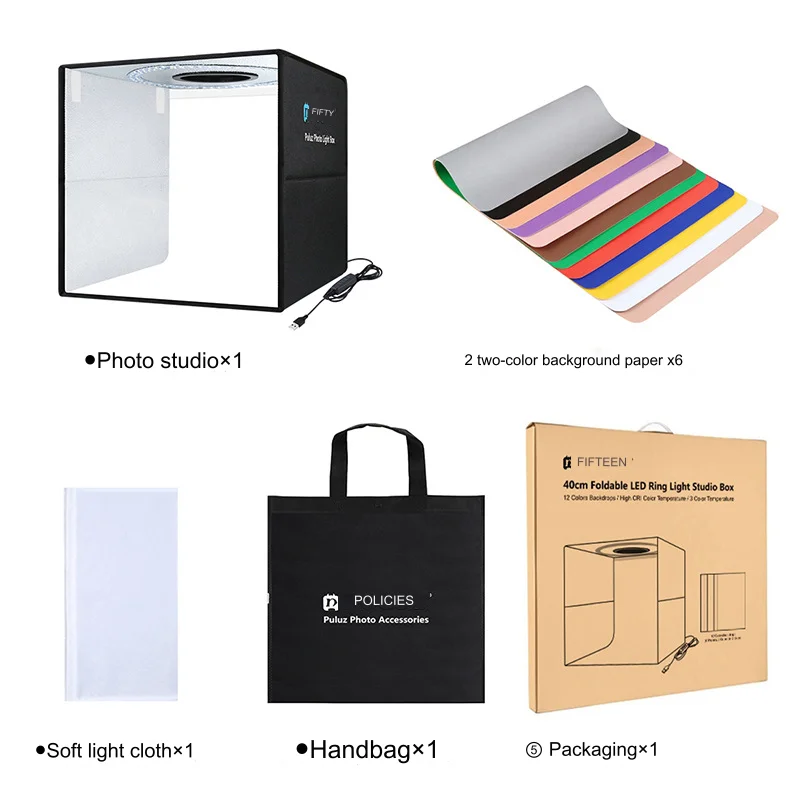 40cm Folding Studio Ring Light LED Portable Simple Folding Studio with 6 Double-sided Color Background Cloths Size 40x40x40cm