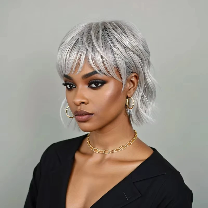 Silver Short Wig Layered Mullet Pixie Cut Wavy Wigs 100% Human Hair