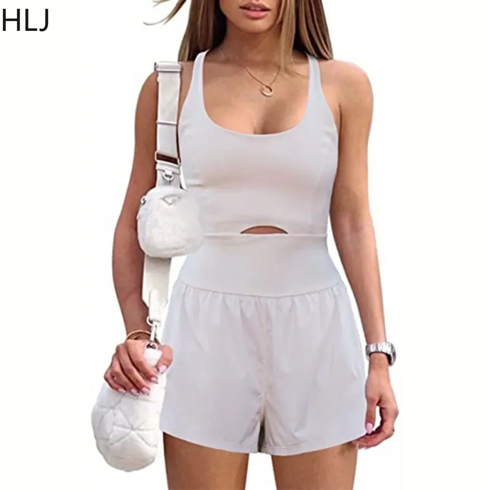 HLJ Casual Solid Color Hollow Tank Top Rompers Women Round Neck Strap Sleeveless Sporty Jumpsuits Female Backless Slim Overalls