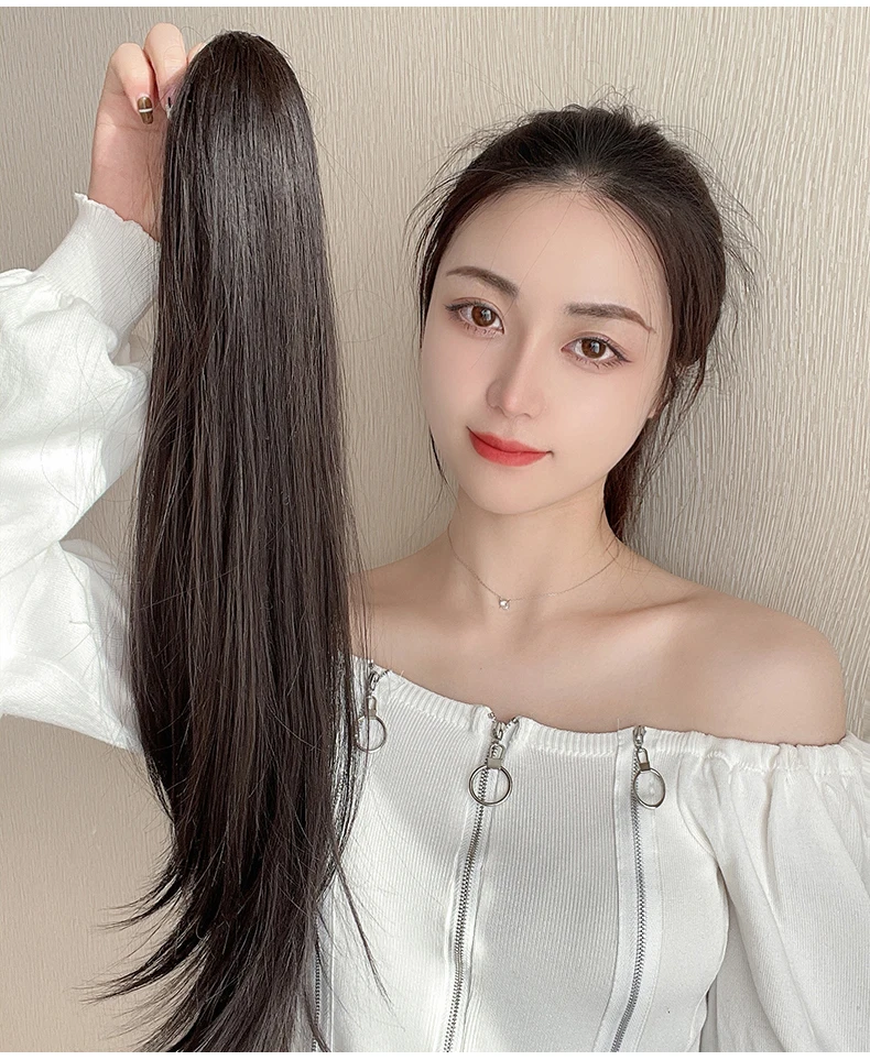 AS Long Wavy Straight Claw Clip On Ponytail Hair Extension Synthetic Ponytail Extension Hair For Women Pony Tail Hair Hairpiece images - 6