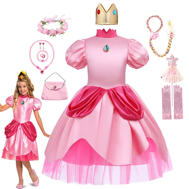 

New Girl Princess Peach Dress Halloween Party Kids Cosplay Performance Clothes Fancy Puff Sleeve Children Peach Princess Costume