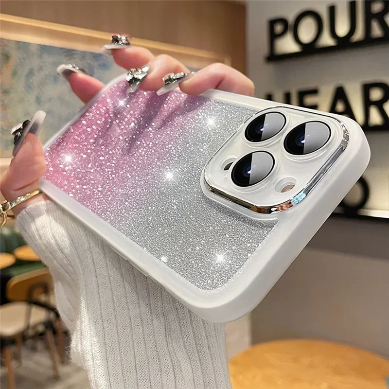 Glitter Gradient Soft Silicone Shockproof Phone Case with Lens Protector