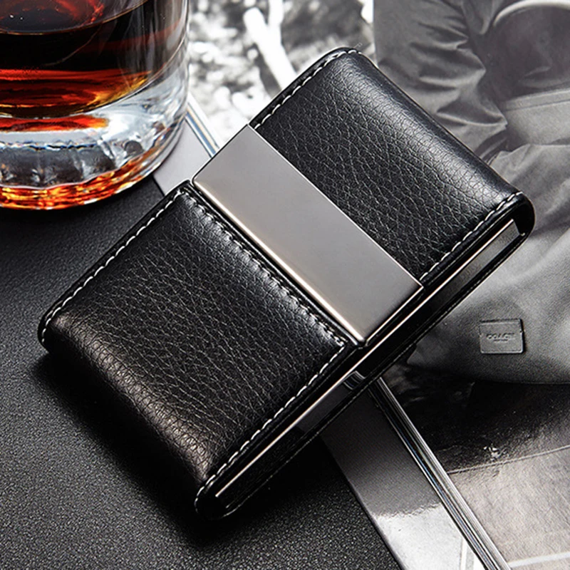 

Fashion PU Leather Business Card Holder Double Open Stainless Steel Slim Pocket Credit Card ID Case Bank Cards Name Card Holder