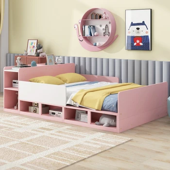 Full Size Bed,Wood Platform Bed with Multifunctional Storage Headboard,Guardrails and 4 Underneath Cabinets,for Kids Bedroom 2