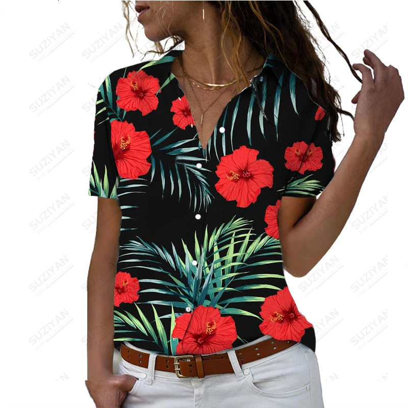 

2023New Fashion Spring Summer Rose Sunflower Pattern 3D Digital Print Shirt Short Sleeve Girl Mori Style Women's Polo Button Top