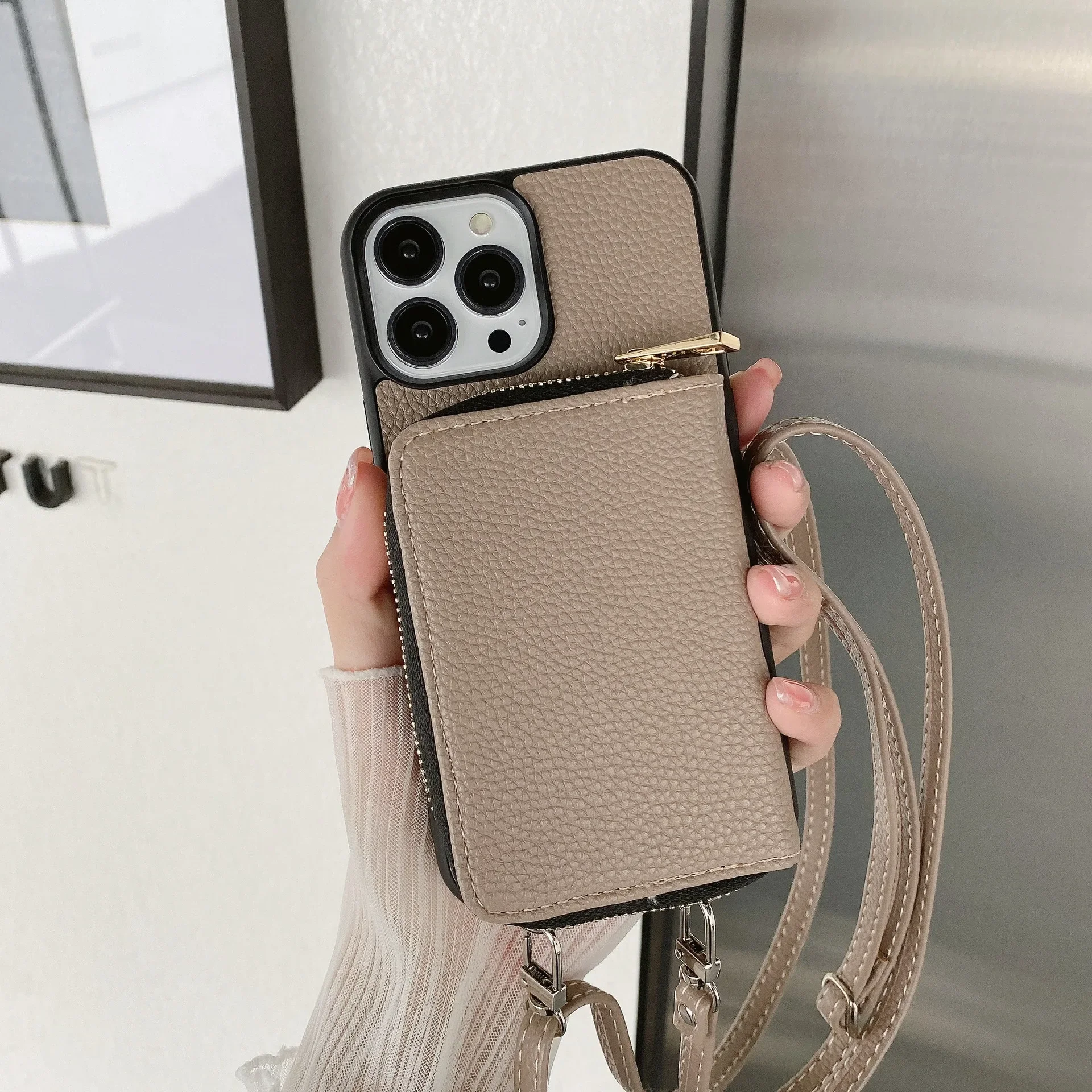 Elegant Leather Zipper Wallet Phone Case with Card Holder and Crossbody Lanyard
