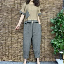  Vintage Casual Fashion Plaid Print Pant Sets Summer 2023 O-Neck Short Sleeve Tee Elastic Waist Long Pants Loose Women's Clothing 