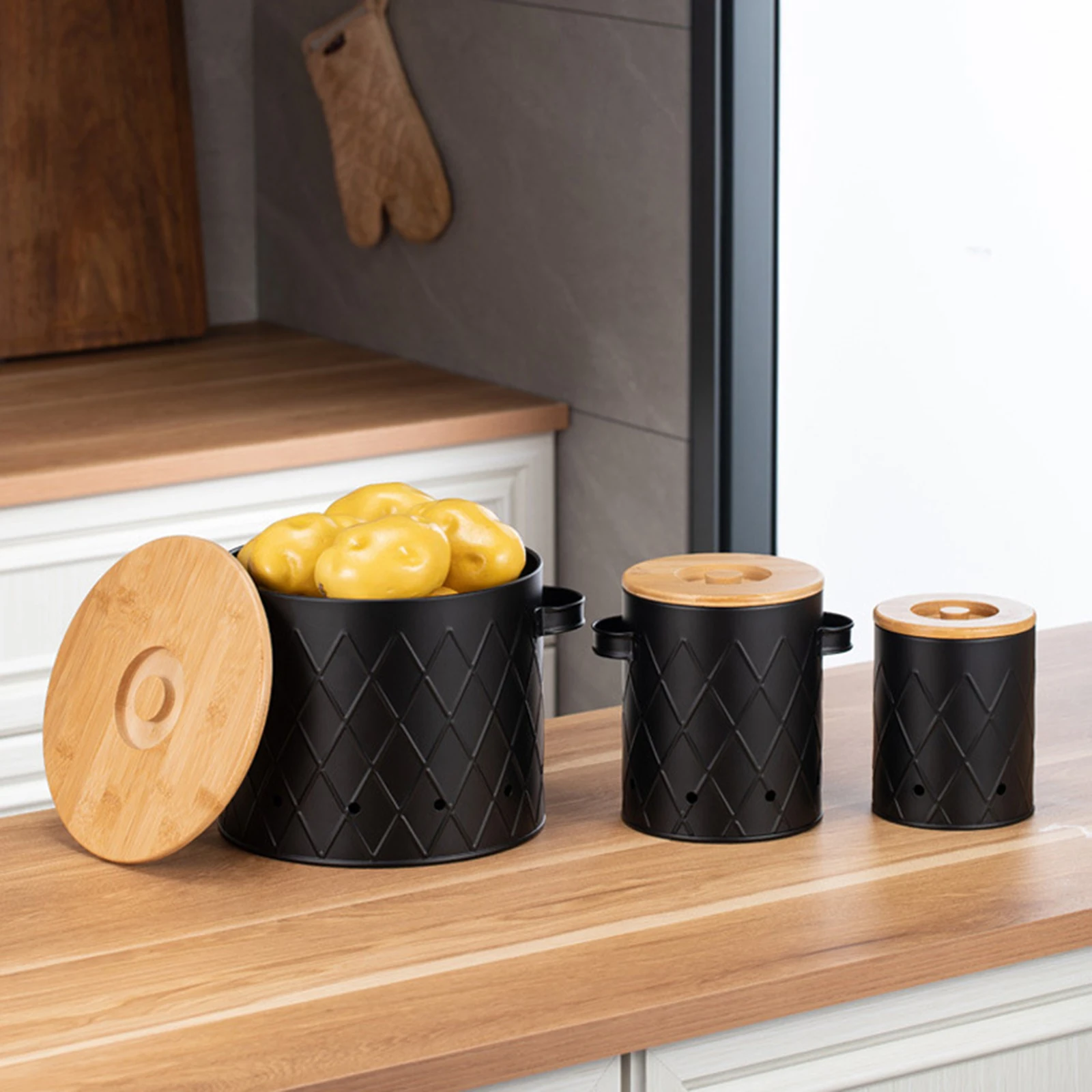 Set Da 3 Contenitori Per Patate, Cipolle E Aglio Con Coperchio In Bambù - Impilabili E Grigi - Stile Vintage