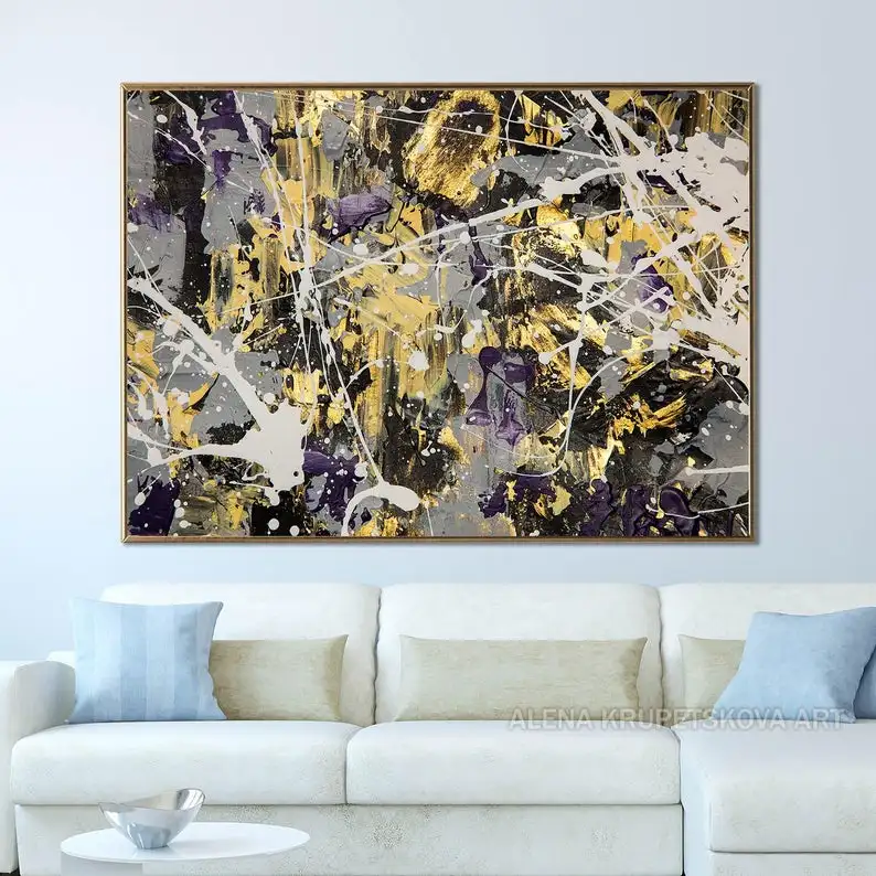 

Gray and gold abstract wall art for living room, Jackson Pollock style art sale, Unique wide grey abstract canvasoil abstract