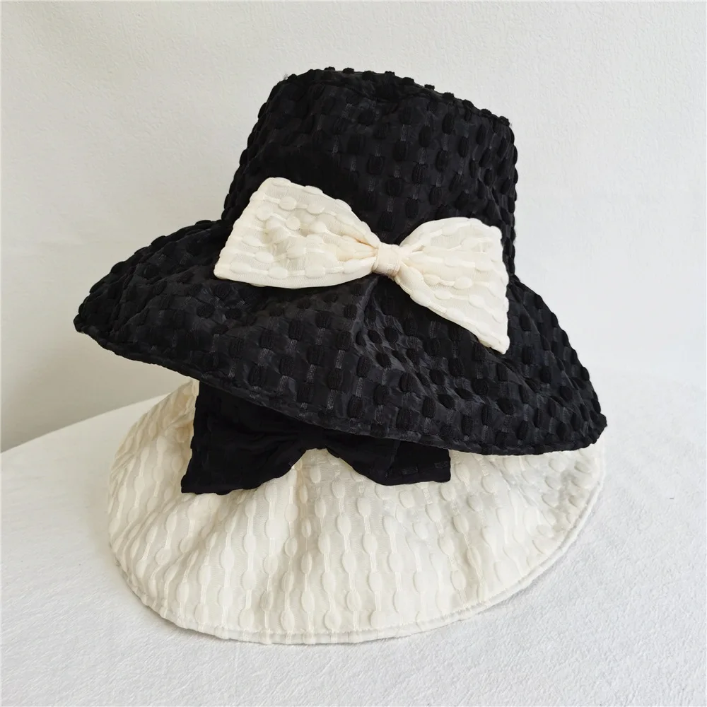 

2022 The new black rubber bow fisherman hat for women's stylish versatile travel uv protection folding large rim sun basin hat
