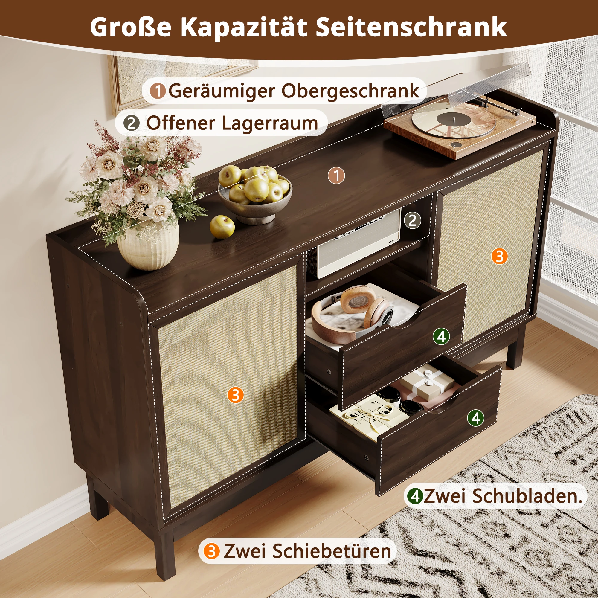 Retro Sideboard mit Schiebetüren&2 Schubladen|Griffloses Design|Verstellbare Regale|Für Wohnzimmer & Esszimmer | Multifunktional – Detail 2
