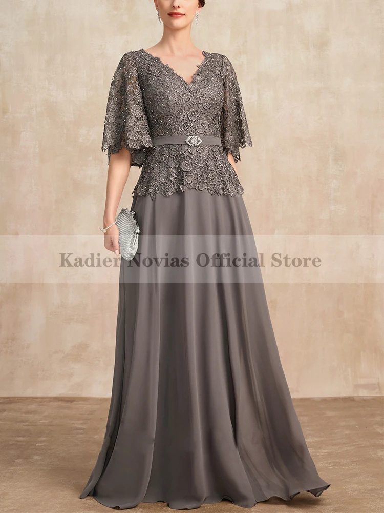 LongGreyChiffonMotheroftheBrideDressesforWeddingswithSleeves