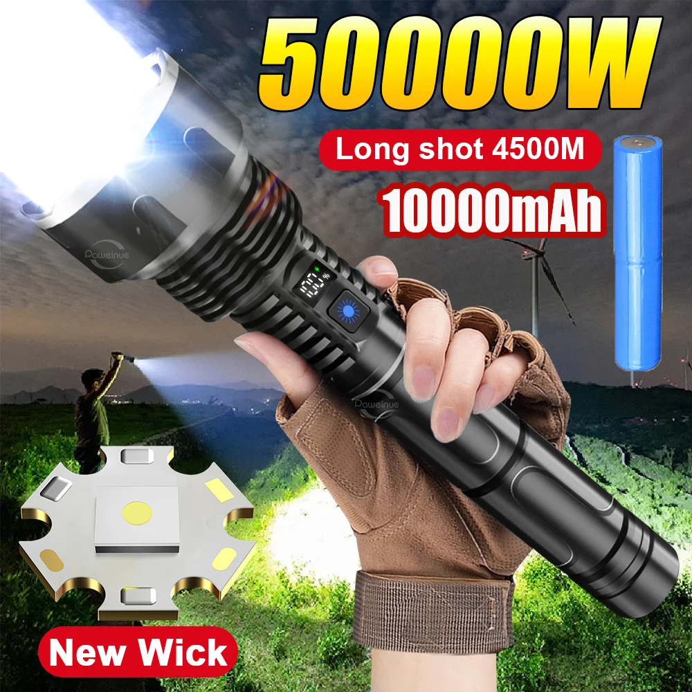 2025 고강도 강력한 50000W LED 손전등 장거리 4500M USB 충전식 방수 토치 라이트 낚시 캠핑 랜턴