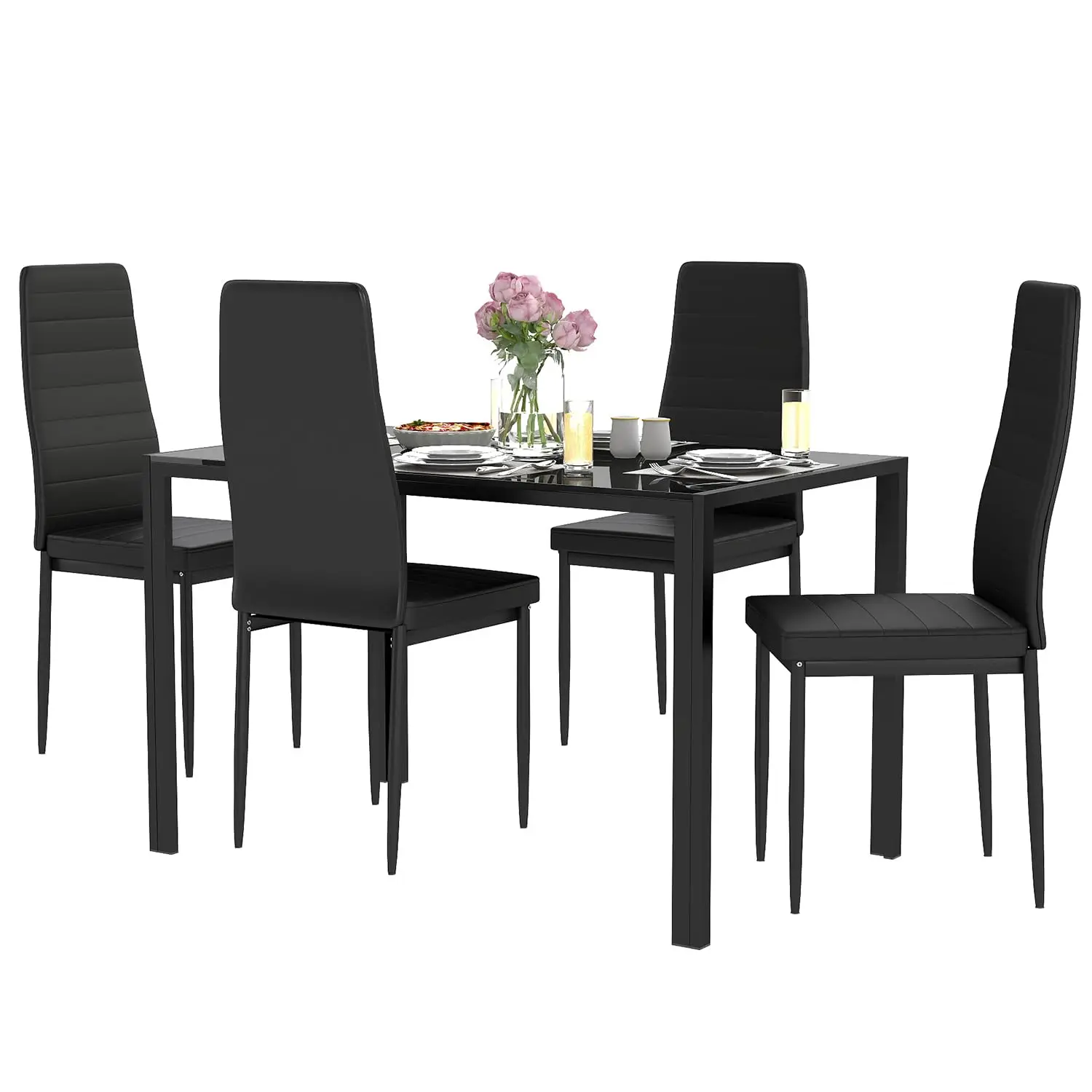 FDW | 5-Piece Dining Table Set Black Glass Kitchen Table with 4 Upholstered Chairs and Faux Leather Cushions Space-Saving — Brown