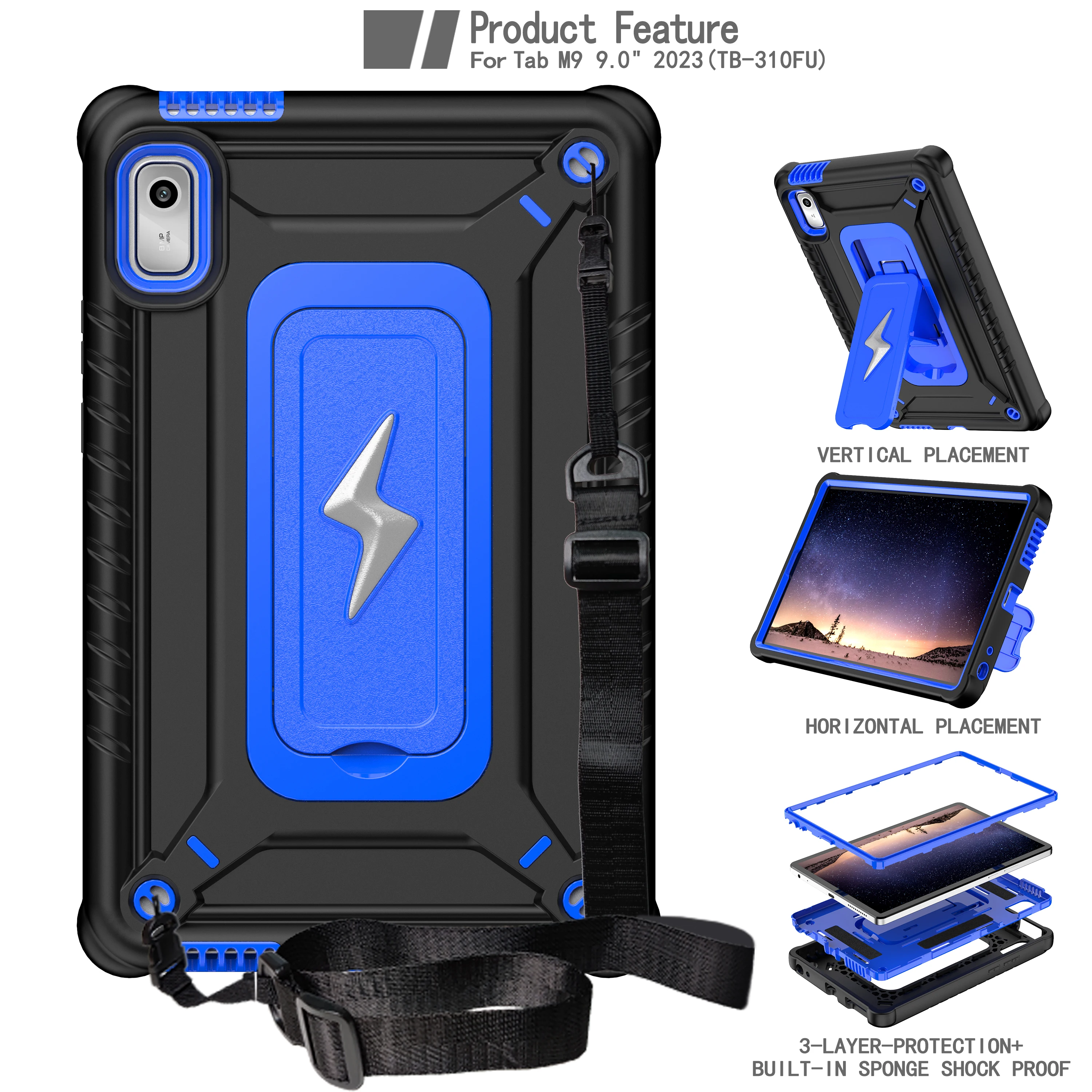 Shockproof Hybrid Tablet Case with Kickstand and Shoulder Strap