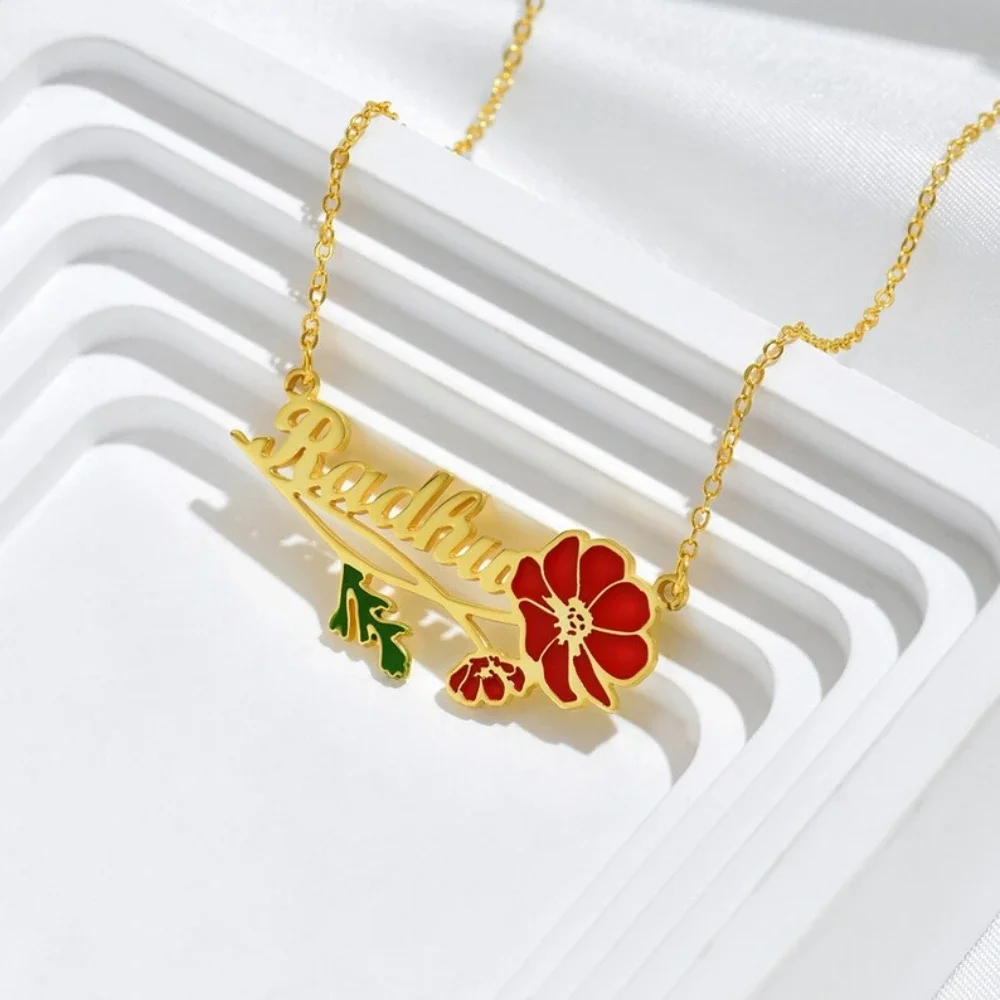 Stainless Steel Personalized Lotus Flower Necklace Floral Name Necklace Custom Women Nameplate Enamel Pendant Jewelry Gifts