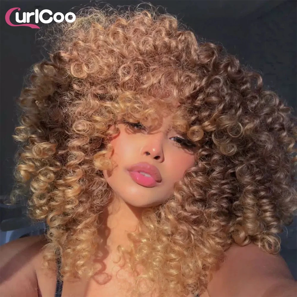 Kurze Haar Afro Verworrene Lockige Perücken Mit Pony Für Schwarze Frauen Flauschigen Synthetische Ombre Glueless Cosplay Natürliche highlight Blonde Perücke