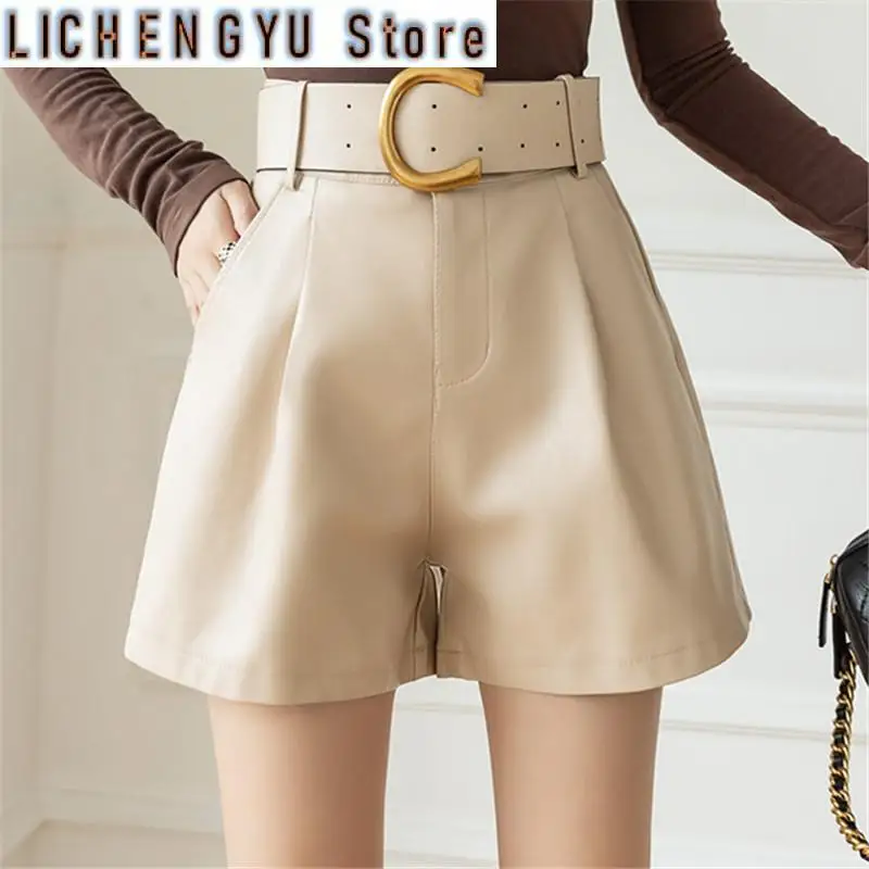 New Women's PU Leather Shorts With Belt Winter Stylish Pockets Ladies Elegant Solid Casual Shorts Trousers Female