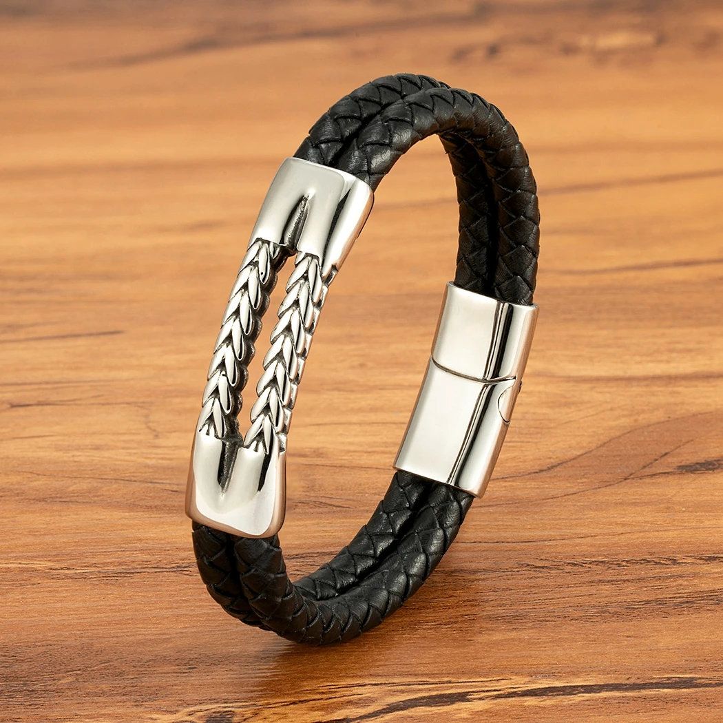 TYO Herrenarmband aus Edelstahl mit doppellagigem Echtleder, Nische und minimalistischem Design aus Gold und Stahl