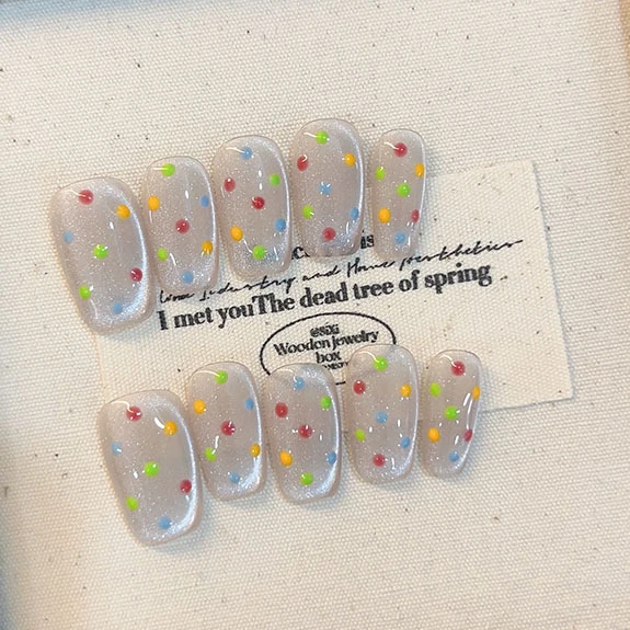 

10Pcs Shiny Handmade Press on Nails Full Cover Cat Eye Design Colorful French Ballerina False Nails Wearable Manicure Nail Tips