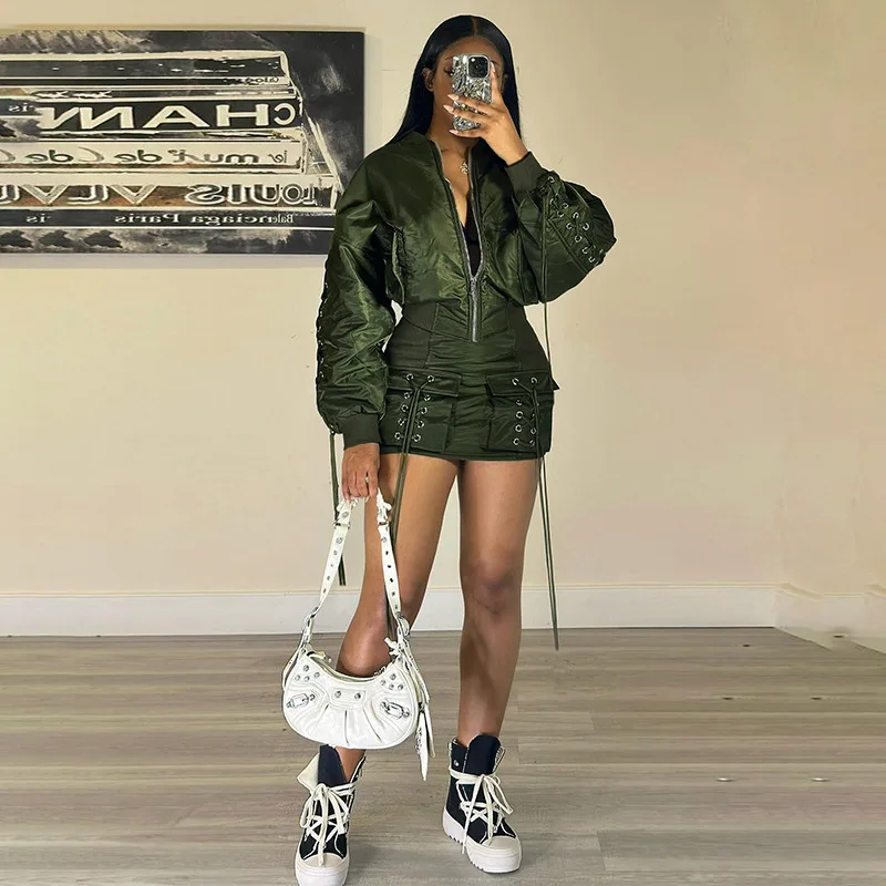 

Straps Lace-up Two Piece Set for Women Streetwear 2023 Autumn Solid Color Woven Zipper Basic Jacket Cardigan Pocket Short Skirt