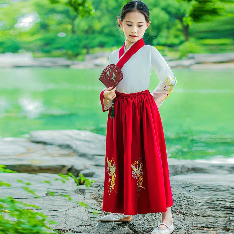 Oriental Style Girls White Tunic Shirt And Red Skirt 2 Pieces Suit Set Chinese Kids Traditional Hanfu Costume Phoenix Embroidery