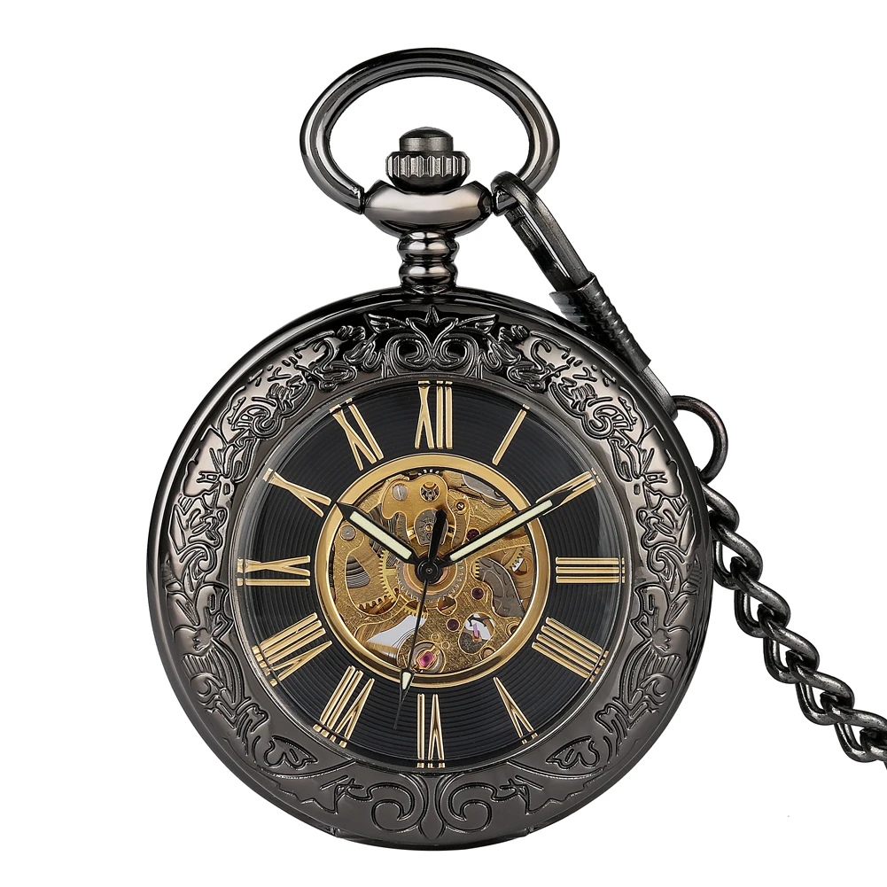 Vintage Black Pattern Glass Case & Golden Roman Number Skeleton Mechanical Pendant Fob Pocket Watch With Chain Christmas Gift
